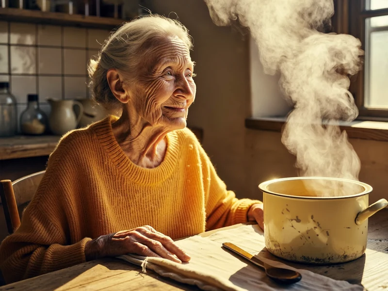 Sonniger Küchentisch am Morgen mit dampfenden Töpfen, Holzlöffel und Leinentuch