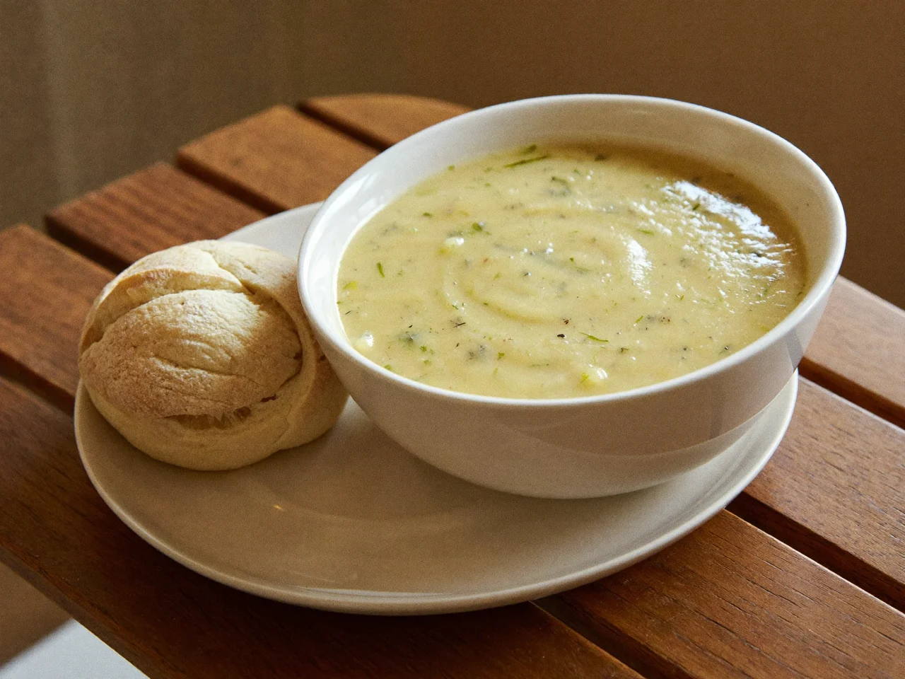 Cremige Kartoffel-Lauch-Suppe in tiefer Keramikschale mit weichem Brötchen