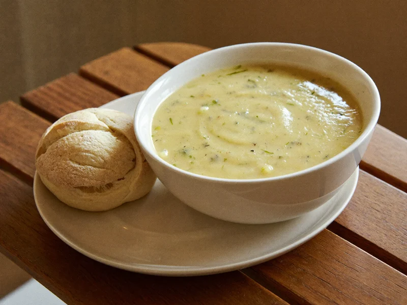 Cremige Kartoffel-Lauch-Suppe in tiefer Keramikschale mit weichem Brötchen