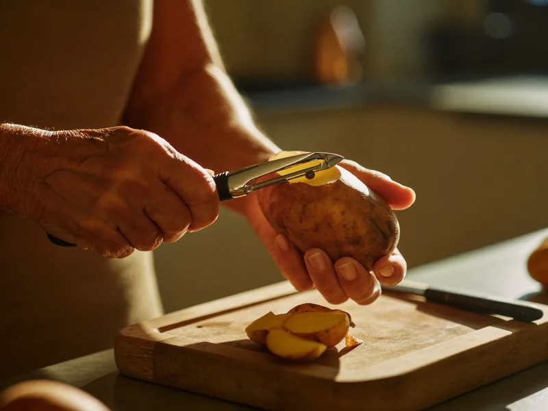 Hände schälen sorgfältig eine Kartoffel über einem Holzbrett in heller Küche